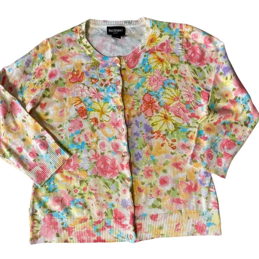 Bay Studio Women's Vintage Floral Beaded Cardigan. Size Large. 36” Bust 22” L